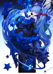  blue_eyes blue_hair blue_star_(vocaloid) blue_theme boots commentary_request cross-laced_footwear detached_sleeves dress female frilled_dress frilled_sleeves frills grey_shirt grin happy hatsune_miku hatsune_miku_expo high_heel_boots high_heels long_hair long_sleeves md5_mismatch necktie open_mouth saberiii shirt sitting skirt sleeveless sleeveless_shirt smile solo song_name thigh_boots twintails very_long_hair vocaloid 