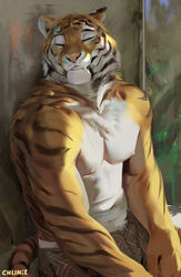  2022 adobe_photoshop_(artwork) anthro bottomwear chunie closed_eyes clothed clothing detailed_background digital_media_(artwork) digital_painting_(artwork) fangs felid fur hi_res male mammal nipples orange_body orange_fur outside pantherine pecs shirtless shorts shorts_only smile smiling_at_viewer solo striped_body striped_fur stripes teeth tiger topless white_body white_fur 