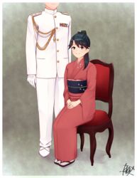  1boy admiral_(kancolle) alternate_costume anchor_print black_hair blue_eyes chair female highres houshou_(kancolle) japanese_clothes jewelry kantai_collection kimono long_hair long_sleeves military military_uniform naval_uniform obi pants pink_kimono ponytail ring sandals sash sitting solo_focus tabi tadokoro_nurikabe uniform wedding_ring white_legwear white_pants wide_sleeves zouri 