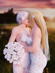  2girls 3d absurd_res blonde_hair bouquet choker christie_(doa) couple dead_or_alive embracing enslaverofhumanity female female_only flower_in_hair helena_douglas hi_res kissing large_breasts lipstick long_hair makeup necklace pearl_necklace revealing_dress romantic silver_hair smile symmetrical_docking wedding wedding_dress white_rose wholesome wife_and_wife yuri 