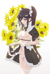  absurdres bikini black_bow black_bowtie black_hair black_skirt bow bowtie breasts cirilla_lin clothes_lift commentary covered_nipples crop_top female flower gloves hair_ornament hair_ribbon half_gloves highres lifting_own_clothes long_hair looking_at_viewer medium_breasts navel original ribbon see-through short_sleeves simple_background skirt skirt_lift smile solo string_bikini sunflower swimsuit thighhighs twintails very_long_hair white_background white_bikini white_gloves white_ribbon white_thighhighs yellow_flower 