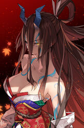  bare_shoulders body_markings breasts brown_hair cleavage collarbone commentary detached_sleeves fate/grand_order fate/requiem fate_(series) female gradient_background gradient_hair hair_between_eyes horns japanese_clothes kijo_kouyou_(fate) kijo_kouyou_(third_ascension)_(fate) kimono large_breasts leaf long_hair looking_at_viewer maple_leaf multicolored_hair ponytail red_background rope sash sleeveless sleeveless_kimono slit_pupils smile solo very_long_hair white_kimono yahako yellow_eyes 