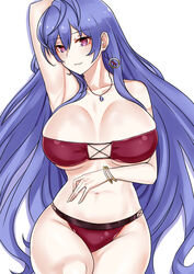  bikini blue_hair blush bracelet breasts earrings female hair_over_one_eye highres iris_heart jewelry kami_jigen_game_neptune_v large_breasts long_hair looking_to_the_side navel necklace neptune_(series) pink_eyes power_symbol power_symbol-shaped_pupils smile solo swimsuit symbol-shaped_pupils very_long_hair zatsu 