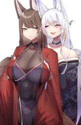  2girls absurdres amagi_(azur_lane) angry animal_ears azur_lane black_kimono black_skirt blue_kimono bodystocking breasts brown_hair choker cleavage commentary covered_navel embarrassed eye_contact facing_viewer fox_ears fox_girl fox_tail grabbing grabbing_another&#039;s_breast groping haori highres hikimayu japanese_clothes kimono large_breasts long_hair looking_at_another multiple_girls obi off_shoulder purple_eyes red_haori samip sash see-through see-through_cleavage shinano_(azur_lane) sideways_glance skirt slit_pupils smirk smug sweatdrop tail thick_eyebrows white_choker yuri 