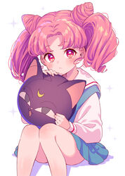  bishoujo_senshi_sailor_moon bishoujo_senshi_sailor_moon_r blue_skirt blush bow chibi_usa closed_mouth commentary cone_hair_bun convenient_leg crescent double_bun earrings feet_out_of_frame feline female frown hair_bun highres invisible_chair jewelry long_hair long_sleeves looking_at_viewer lq_saku luna-p miniskirt parted_bangs pink_hair pleated_skirt pointy_hair red_eyes sailor_collar shirt simple_background sitting skirt solo sparkle symbol-only_commentary toy twintails white_background white_shirt 