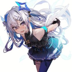  :d akieda amane_kanata amane_kanata_(work) angel_wings asymmetrical_bangs bare_shoulders black_gloves black_shirt blue_eyes blue_hair blue_legwear blue_skirt blush colored_inner_hair female gloves grey_hair hair_between_eyes hair_ornament hair_over_one_eye hairclip halo hololive leaning_forward long_hair multicolored_hair official_alternate_costume official_alternate_hair_length official_alternate_hairstyle pleated_skirt shirt sideways_glance simple_background single_hair_intake single_leg_pantyhose skirt smile solo star_halo streaked_hair two_side_up very_long_hair virtual_youtuber white_background wings 