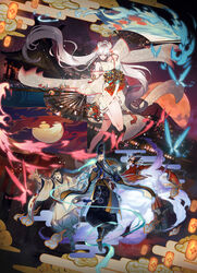  2boys 2girls abe_no_seimei_(onmyoji) animal_ears architecture black_eyes black_hair black_pants blue_hair blue_ribbon character_request closed_mouth earrings east_asian_architecture fan floating_hair flying fox_ears fox_tail full_moon gradient_hair hat highres holding holding_fan japanese_clothes jewelry kagura_(onmyoji) kimono long_sleeves mole mole_under_eye moon multicolored_hair multiple_boys multiple_girls obi onmyoji open_mouth orange_moon pants platform_footwear ponytail puffy_pants red_eyes red_kimono ribbon ryota-h sash smile socks tail tassel tate_eboshi white_hair white_kimono white_legwear wide-eyed wide_sleeves 