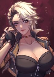  absurdres animification apex_legends artist_name black_corset black_jacket blonde_hair braid breaking_the_law_loba breasts brown_eyes brown_hair choker cleavage collarbone colored_inner_hair corset cropped_jacket eyeshadow female head_tilt highres jacket king.cc large_breasts loba_(apex_legends) long_hair makeup multicolored_hair official_alternate_costume orange_choker pink_eyeshadow smile solo spiked_choker spikes 