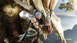  16:9 2023 3d_(artwork) 4k absurd_res amatsu_(mh) ambiguous_gender armor blue_hair capcom claws clothed clothing detailed_background digital_media_(artwork) duo elder_dragon eye_contact feral fin floating hair hand_on_snout hi_res hug human ivorylagiacrus long_snout looking_at_another looking_at_partner male male_(lore) mammal monster_hunter mountain outside petting plant scales scalie smile snout tree widescreen wings yellow_eyes 