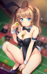  absurdres animal_ears armband bare_legs between_breasts black_bow black_bowtie black_leotard black_ribbon blue_eyes blurry bow bowtie breasts brown_hair cleavage coin commentary_request cowboy_shot depth_of_field detached_collar fake_animal_ears female hair_ribbon highres kageira leotard long_hair looking_at_viewer medium_breasts minori_(senran_kagura) playboy_bunny rabbit_ears rabbit_tail ribbon roulette_table senran_kagura sitting solo strapless strapless_leotard table tail twintails wrist_cuffs 