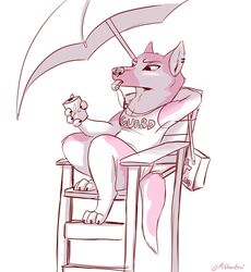  2022 3_toes anthro barefoot can canid canine canis claws clothed clothing container digital_media_(artwork) digitigrade domestic_dog feet fur hi_res holding_can holding_container holding_object mammal reclining restricted_palette ribbontini shirt signature solo toes topwear umbrella 