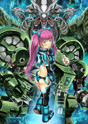  :o absurdres arm_cannon ass back black_gloves black_thighhighs blue_eyes blue_footwear blue_gloves blue_panties blush boots bow butt_crack commentary divergence_eve extra_mouth female garimpeiro gloves glowing glowing_eyes hair_behind_ear hairbow highres kotoko_01 long_hair looking_at_viewer mecha monster open_hands panties purple_eyes purple_hair robot science_fiction thighhighs twintails two-tone_gloves underwear very_long_hair weapon 