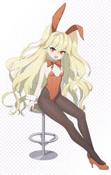  absurdres animal_ears black_pantyhose blonde_hair bow bowtie breasts catalina_(clover_theater) clover_theater detached_collar female high_heels highres leotard long_hair pantyhose playboy_bunny polka_dot polka_dot_background rabbit_ears red_eyes red_footwear red_leotard sitting small_breasts solo stool strapless strapless_leotard two_side_up white_background wrist_cuffs zhuan_a_zhuan 