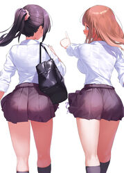  2girls ass bag black_hair black_legwear black_skirt blush breasts brown_hair commentary_request duplicate kaisen_chuui kneehighs kneepits large_breasts long_hair multiple_girls original panties pink_scrunchie pixel-perfect_duplicate pleated_skirt pointing ponytail school_bag school_uniform scrunchie shirt side-tie_panties side-tie_peek simple_background skirt skirt_rolled_up sleeves_rolled_up socks standing underwear white_background white_shirt 