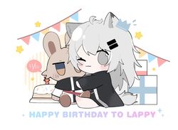  animal_ear_fluff animal_ears arknights barefoot birthday_cake box cake candle chibi choshanland_plushy_(arknights) commentary_request female fire food gift gift_box grey_eyes grey_hair hair_between_eyes hair_ornament hairclip happy_birthday highres hugging_object jacket lappland_(arknights) long_hair long_sleeves open_clothes open_jacket pennant sitting solo star_(symbol) string_of_flags striped stuffed_animal stuffed_rabbit stuffed_toy tail vertical_stripes very_long_hair white_background white_jacket xijian 