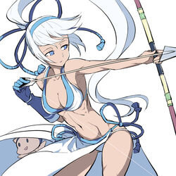  armpits arrow_(projectile) blue_eyes bow_(weapon) breasts champuru cleavage cowboy_shot dark_skin female gloves hair_ribbon kenja_tori long_hair looking_away majikina_mina medium_breasts parted_lips partially_fingerless_gloves ponytail revealing_clothes ribbon samurai_spirits sarong side-tie_skirt single_glove skinny very_long_hair weapon white_hair white_sarong yugake 