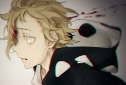  1boy blonde_hair blood blood_splatter death expressionless from_side headshot hood hood_down kagerou_project kano_shuuya male_focus nekome3 solo yellow_eyes 