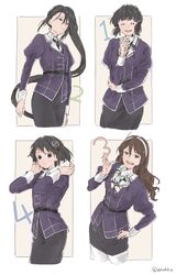  4girls ashigara_(kancolle) ashigara_kai_ni_(kancolle) black_hair black_skirt braid braided_bun brown_eyes brown_hair closed_eyes facing_viewer haguro_(kancolle) haguro_kai_ni_(kancolle) hair_bun hairband highres jacket kantai_collection kokko_(014kko) long_hair military military_uniform multiple_girls myoukou_(kancolle) myoukou_kai_ni_(kancolle) nachi_(kancolle) nachi_kai_ni_(kancolle) pencil_skirt ponytail purple_jacket short_hair single_hair_bun skirt twitter_username uniform white_hairband 