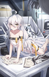  absurdres ahoge awakening_(neural_cloud) barefoot di_le_to female flat_chest girls&#039;_frontline girls&#039;_frontline_neural_cloud hair_between_eyes highres laboratory leg_belt long_hair pkp_(girls&#039;_frontline) white_hair yellow_eyes 