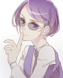  bangs closed_mouth dokidoki!_precure eyes_visible_through_eyewear female fresh_precure! grey_neckwear index_finger_raised kenzaki_makoto long_sleeves looking_at_viewer necktie negom precure purple_eyes purple_hair purple_vest shiny shiny_hair shirt short_hair simple_background smile solo sunglasses swept_bangs upper_body vest white-framed_eyewear white_background white_shirt 