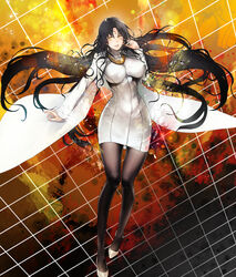  alternate_costume black_hair black_pantyhose blush breasts coat commentary dress facial_mark fate/extra fate/extra_ccc fate/grand_order fate_(series) female forehead_mark high_heels highres jewelry large_breasts legs long_hair looking_at_viewer necklace nishiide_kengorou official_art open_clothes open_coat open_mouth pantyhose parted_bangs sessyoin_kiara short_dress smile solo white_coat white_dress white_footwear yellow_eyes 