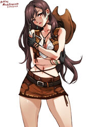  artist_name belt black_gloves breasts brown_hair brown_skirt brown_vest cleavage commentary cowboy_hat cowboy_shot cowboy_western cowgirl_(western) crop_top cropped_vest dangle_earrings dated earrings english_commentary female final_fantasy final_fantasy_vii gloves hat jewelry long_hair medium_breasts midriff mina_cream miniskirt navel parted_lips red_eyes simple_background skirt solo stomach taut_clothes taut_skirt thighs tifa_lockhart tifa_lockhart_(cowgirl) vest wavy_hair white_background 