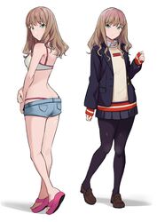  alternate_costume back bikini bikini_under_clothes black_pantyhose blue_jacket blue_shorts blue_skirt brown_footwear brown_hair closed_mouth collared_shirt commentary_request female from_behind full_body green_eyes gridman_universe hand_up heel_up highres jacket legs loafers long_hair looking_at_viewer looking_back micro_shorts minami_yume miniskirt multiple_views open_clothes open_jacket pantyhose pink_footwear pleated_skirt sandals school_uniform shadow shirt shoes shorts simple_background skirt sleeves_past_wrists ssss.dynazenon standing swimsuit thighs tiptoes toes totoki86 white_background 