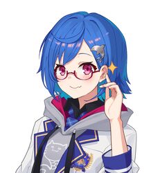  blue_hair blush commentary_request dolphin_hair_ornament emblem female glasses hood hood_down hoodie kaguya_(srx61800) long_sleeves looking_at_viewer nijisanji nishizono_chigusa nishizono_chigusa_(1st_costume) oerba_yun_fang pink_eyes red-framed_eyewear school_uniform selene_girls_school_uniform semi-rimless_eyewear simple_background skin_fang smile solo sparkle under-rim_eyewear upper_body virtual_youtuber white_background 