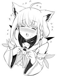  ahoge animal_ear_fluff animal_ears blush braid collarbone commentary_request detached_sleeves earrings extra_ears female fingers_together flying_sweatdrops fox_ears fox_girl greyscale hair_between_eyes hololive hood hoodie jewelry kurose_kousuke long_hair monochrome neckerchief open_mouth shirakami_fubuki shirakami_fubuki_(1st_costume) sidelocks simple_background single_braid solo sweatdrop virtual_youtuber white_background 