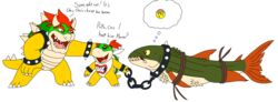  absurd_res bodily_fluids bound bowser bowser_jr. chains claws collar english_text father_(lore) father_and_child_(lore) father_and_son_(lore) fish goliath_tigerfish hi_res koopa marine mario_bros messy_scales nintendo parent_(lore) parent_and_child_(lore) parent_and_son_(lore) scalie seabreeze629 semi-anthro son_(lore) spiked_collar spikes sweat text wristband 