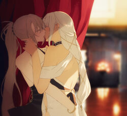  2girls amazuki_jou azur_lane back black_dress blurry blurry_background bracelet brown_hair closed_eyes commentary dark-skinned_female dark_skin depth_of_field dress evening_gown formal french_kiss hair_tie halterneck highres hug indoors jean_bart_(azur_lane) jean_bart_(uninhibited_bloodstone)_(azur_lane) jewelry kissing long_hair low-tied_long_hair massachusetts_(azur_lane) massachusetts_(dressed_to_impress)_(azur_lane) multiple_girls official_alternate_costume ponytail standing sweat white_dress white_hair yuri 