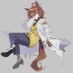  agnes_tachyon_(umamusume) ahoge animal_ears boots brown_hair coat commentary earrings female full_body grey_background grin hair_between_eyes high_heel_boots high_heels highres horse_ears horse_girl horse_tail jewelry lab_coat looking_at_viewer necktie oda_ya_ka open_clothes open_coat orange_eyes pantyhose purple_pantyhose short_hair short_necktie simple_background single_earring sleeves_past_fingers sleeves_past_wrists smile solo sweater symbol-only_commentary tail test_tube umamusume white_footwear yellow_sweater 