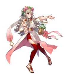  closed_mouth dress eihi female fire_emblem fire_emblem_heroes floating floating_object flower flower_pot full_body gold_trim gradient_clothes grey_hair hair_ornament highres jewelry long_hair looking_away non-web_source official_art pelvic_curtain petals red_hair red_thighhighs sandals solo thighhighs thorns tiara toes transparent_background veronica_(fire_emblem) veronica_(valentine)_(fire_emblem) wide_sleeves 