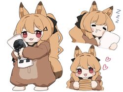  :3 :d =_= animal_ears arknights baklava black_bow blush_stickers bow cameo ceobe_(arknights) chibi cropped_torso dakimakura_(object) doctor_(arknights) dog_ears dog_girl dog_tail drooling female food hair_between_eyes hairbow heart highres holding holding_food hugging_object long_hair looking_at_viewer multiple_views oerba_yun_fang official_alternate_costume onesie open_mouth pillow pillow_hug red_eyes simple_background smile someyaya tail thick_eyebrows very_long_hair white_background zzz 