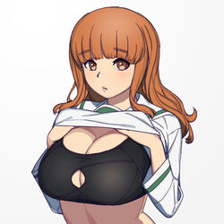  black_sports_bra blunt_bangs breasts brown_eyes brown_hair cleavage clothes_lift commentary female girls_und_panzer highres large_breasts long_hair long_sleeves looking_at_viewer onsen_tamago_(hs_egg) ooarai_school_uniform pout sailor_collar school_uniform serafuku shirt shirt_lift simple_background solo sports_bra takebe_saori underwear upper_body white_background white_sailor_collar white_shirt 