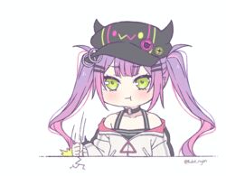  :t black_choker black_hat blush choker colored_inner_hair commentary crack desk_slam english_commentary female green_eyes grey_jacket hat hololive horned_hat jacket kukie-nyan long_hair looking_at_viewer multicolored_hair o-ring o-ring_choker pink_hair purple_hair simple_background solo tokoyami_towa tokoyami_towa_(1st_costume) twintails upper_body virtual_youtuber white_background 