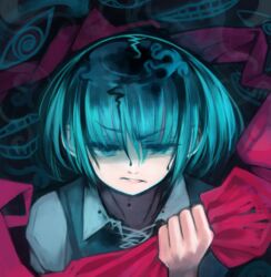  aqua_eyes aqua_hair bad_id bad_pixiv_id black_blood blood blood_on_clothes clenched_hand commentary_request dripping eyes_visible_through_hair female holding kaneni monster open_mouth original parted_lips short_hair solo_focus upper_body 