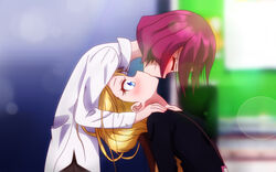  2girls absurdres black_shirt blonde_hair blue_eyes blurry blurry_background closed_eyes commentary english_commentary from_side highres kissing long_hair long_sleeves multiple_girls new_game! purple_hair self-upload shirt short_hair tooyama_rin upper_body upside-down_kiss urzuse7en white_shirt yagami_kou yuri 