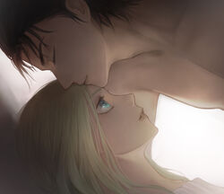  1boy aged_up aqua_eyes black_hair blonde_hair closed_eyes closed_mouth clothed_female_nude_male collarbone eren_yeager eyelashes female from_side highres kissing kissing_forehead krista_lenz light_smile lips nude parted_lips portrait profile shingeki_no_kyojin straight white_background yaoko 