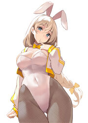  animal_ears blonde_hair blue_eyes blush braid braided_ponytail breasts cleavage commentary covered_navel detached_collar fake_animal_ears female fishnet_pantyhose fishnets highleg highleg_leotard highres jacket kekemotsu large_breasts leotard long_hair long_sleeves looking_at_viewer open_clothes open_jacket original pantyhose playboy_bunny rabbit_ears solo white_jacket white_leotard 