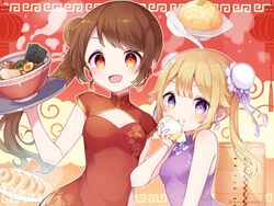  2girls alternate_costume alternate_hairstyle baozi bare_arms bento blonde_hair border bow bowl box braid breasts brown_hair china_dress chinese_clothes cleavage_cutout clothing_cutout cloud cloud_background commentary_request double_bun dress dumpling earrings eating floral_print food food-themed_earrings food_on_face gold_trim hair_between_eyes hair_bun hand_up height_difference high_collar highres holding holding_tray jewelry lantern magia_record:_mahou_shoujo_madoka_magica_gaiden mahou_shoujo_madoka_magica meandros mitsuki_felicia multiple_girls noodles open_mouth orange_eyes outline paper_lantern plate purple_bow purple_dress purple_eyes ramen red_background red_dress rice short_sleeves side-by-side side_ponytail side_slit sidelocks single_hair_bun sleeveless sleeveless_dress small_breasts spiked_hair spoon star_(symbol) starry_background steam swept_bangs tanukitokuma tassel tassel_earrings tray twitter_username two-tone_background white_outline yellow_background yui_tsuruno 