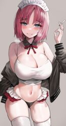  bad_id bad_pixiv_id blue_eyes breasts cigarette cleavage commentary_request detached_collar female grey_background hand_up heart heart-shaped_pupils highres hisui_(tsukihime) holding holding_cigarette large_breasts looking_at_viewer maid maid_headdress melty_blood mole mole_under_eye pink_hair short_hair simple_background smile smoke solo suou-sensei symbol-shaped_pupils thighhighs thighs tsukihime white_thighhighs 