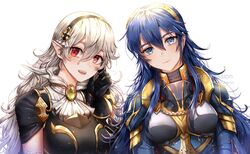  2girls armor blue_eyes blue_hair blush breasts cape corrin_(female)_(fire_emblem) corrin_(fire_emblem) fingerless_gloves fire_emblem fire_emblem_awakening fire_emblem_fates fire_emblem_heroes gloves grey_hair hair_between_eyes hair_ornament hairband long_hair looking_at_viewer lucina_(fire_emblem) lucina_(glorious_archer)_(fire_emblem) multiple_girls open_mouth pointy_ears red_eyes simple_background smile tiara wani_(fadgrith) 