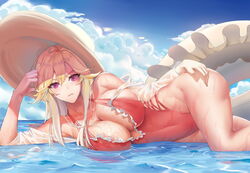  absurdres azur_lane blonde_hair blush breasts casual_one-piece_swimsuit cleavage closed_mouth cloud covered_navel cross-laced_clothes cross-laced_one-piece_swimsuit female frilled_one-piece_swimsuit frills hair_between_eyes hand_on_own_head hand_on_own_thigh hat highres innertube large_breasts long_hair long_sleeves looking_at_viewer lying ocean official_alternate_costume on_side one-piece_swimsuit pink_one-piece_swimsuit purple_eyes richelieu_(azur_lane) richelieu_(fleuron_of_the_waves)_(azur_lane) sidelocks sky solo sun_hat swim_ring swimsuit tango_(jjsw4524) very_long_hair 