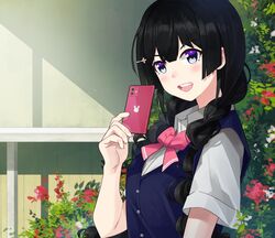  :d black_hair blue_eyes blush bow bowtie braid cardigan_vest cellphone commentary_request female flower hair_ornament hairclip highres kaguya_(srx61800) long_hair looking_at_viewer nijisanji outdoors phone pink_bow school_uniform smile solo tsukino_mito tsukino_mito_(3rd_costume) twin_braids upper_body virtual_youtuber 