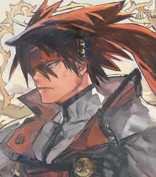  1boy 2344 brown_hair collarbone covered_collarbone guilty_gear guilty_gear_xx headband highres long_hair male_focus orange_eyes order-sol parted_lips sol_badguy solo turtleneck upper_body 