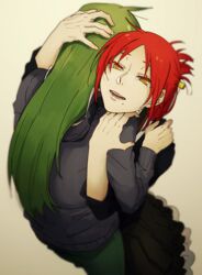  2girls dress from_above green_hair hood hoodie hug kagerou_project kido_rin kido_tsubomi long_hair mole mole_under_mouth multiple_girls nekome3 red_hair siblings sisters smile yellow_eyes 