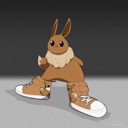  1:1 :3 ambiguous_gender among_us_drip black_eyes black_nose boke_(artist) brown_body brown_clothing brown_footwear brown_fur brown_shoes clothed clothed_feral clothing drip_(meme) eevee feral footwear fur generation_1_pokemon gradient_background grey_background humor laces meme neck_tuft nintendo owo pokeball pokemon pokemon_(species) redraw shitpost shoes simple_background solo tuft ultra_ball 