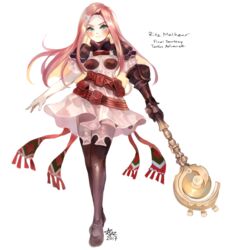  armor aubz closed_mouth dress female final_fantasy final_fantasy_tactics_advance full_body gloves green_eyes hair_ornament hairclip long_hair looking_at_viewer pink_hair ritz_malheur simple_background skirt solo thighhighs weapon white_background 