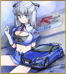  blue_shirt border breasts brown_border car cleavage cleavage_cutout clenched_hand clothing_cutout cropped_shirt elbow_gloves female gloves grey_gloves grey_hair hair_behind_ear hi_fumiyo highres honda honda_cr-z looking_at_viewer medium_breasts motor_vehicle necktie original personification red_necktie shadow shirt short_necktie signature smile solo spoiler_(automobile) traditional_media vehicle_and_personification 